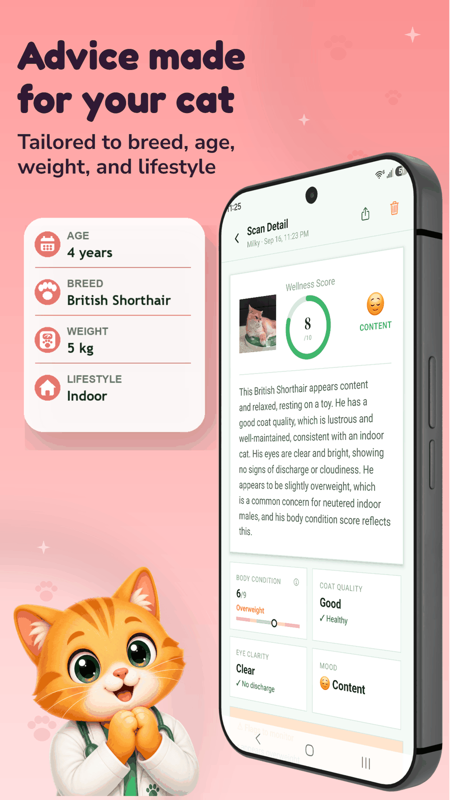 Dr. Meow cat profile screen with age, breed, weight, and lifestyle fields next to a scan result showing wellness score 8 out of 10