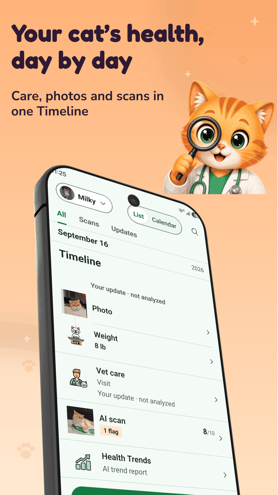 Dr. Meow Timeline showing a day's care record with a photo, a weight entry, a vet visit note, and an AI scan grouped together