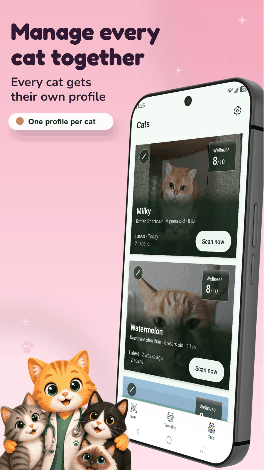 Dr. Meow Cats tab showing multiple cat profiles, each with its own wellness score and scan count